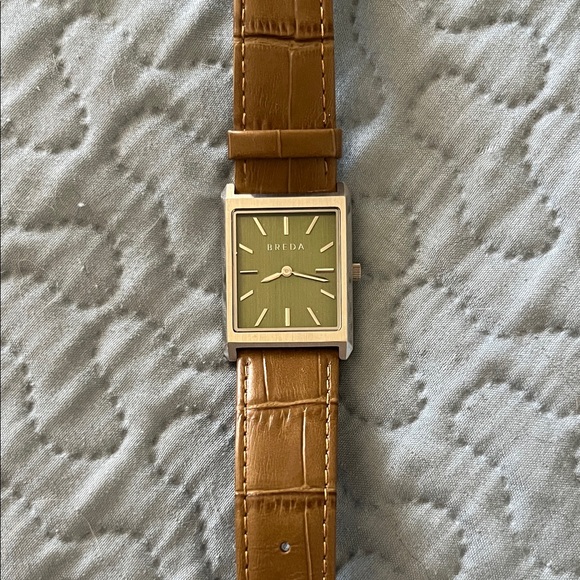 Breda Other - BREDA Men's Tan Leather Strap Watch with Olive Dial - Rectangular Case